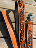 Western Tooled Leather Fancy Dog Leash Blue Padded Handle