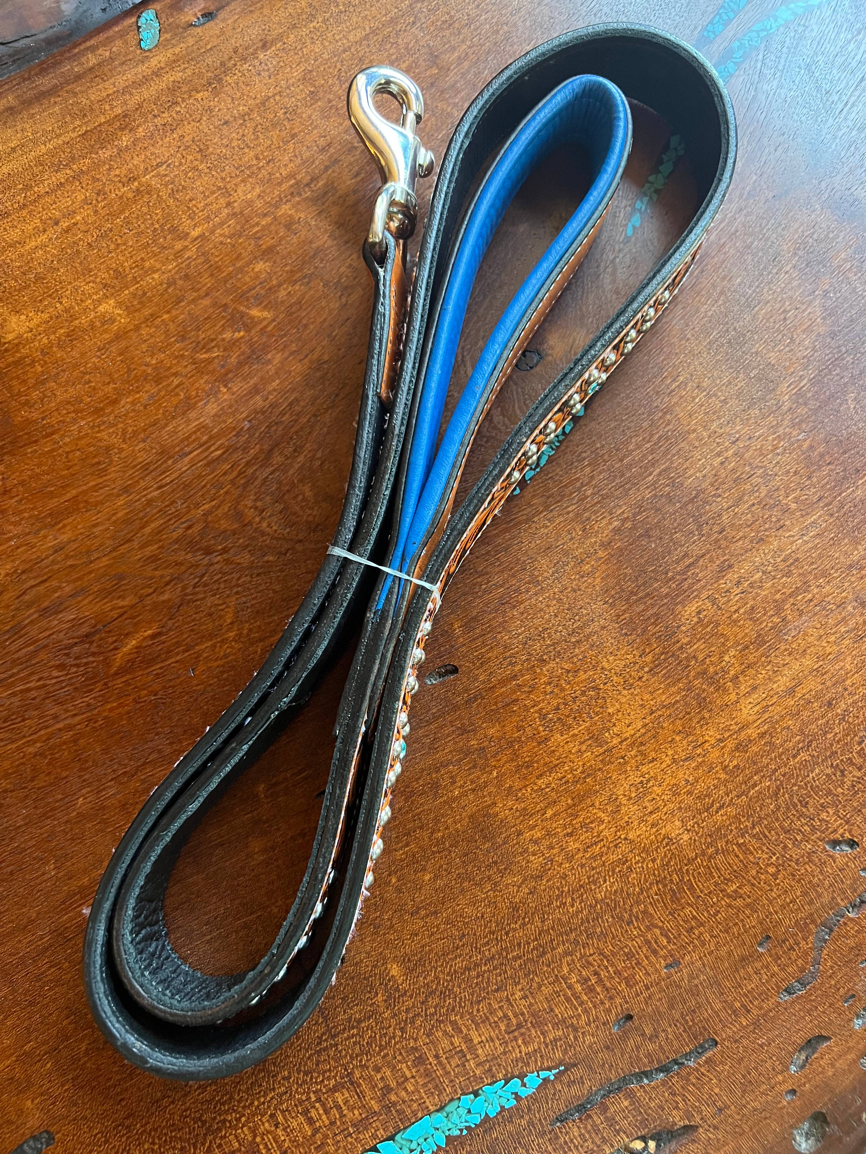 Western Tooled Leather Fancy Dog Leash Blue Padded Handle
