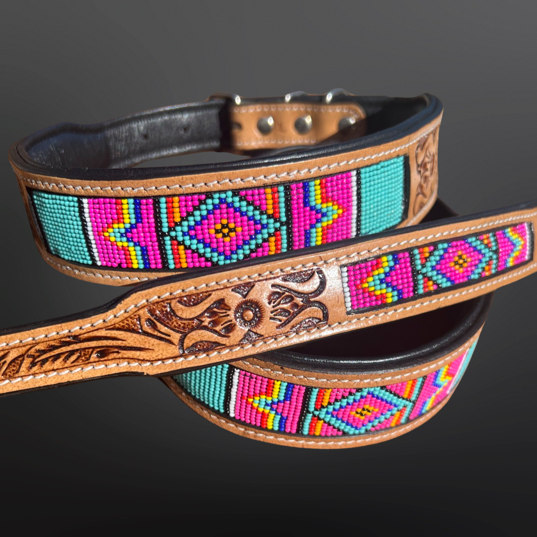 Western Tooled Leather Dog Collar Pink Turquoise Beaded
