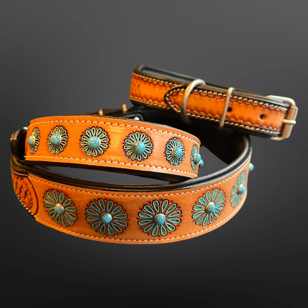 Western Dog Collar - Beaded Blue Flower