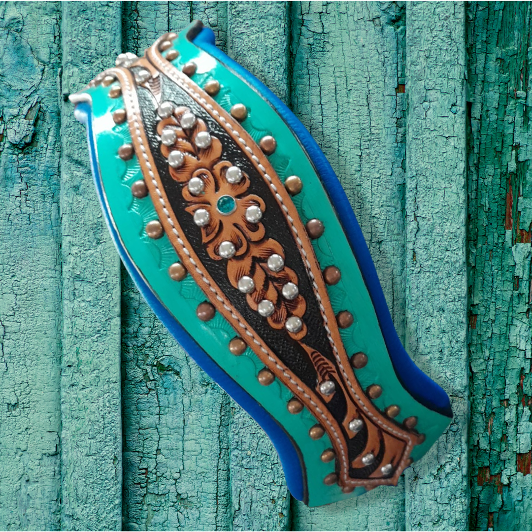 Turquoise Scalloped Western Tooled Leather Dog Collar