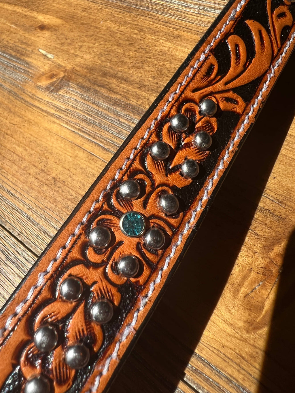 Western Tooled Leather Fancy Dog Leash Blue Padded Handle