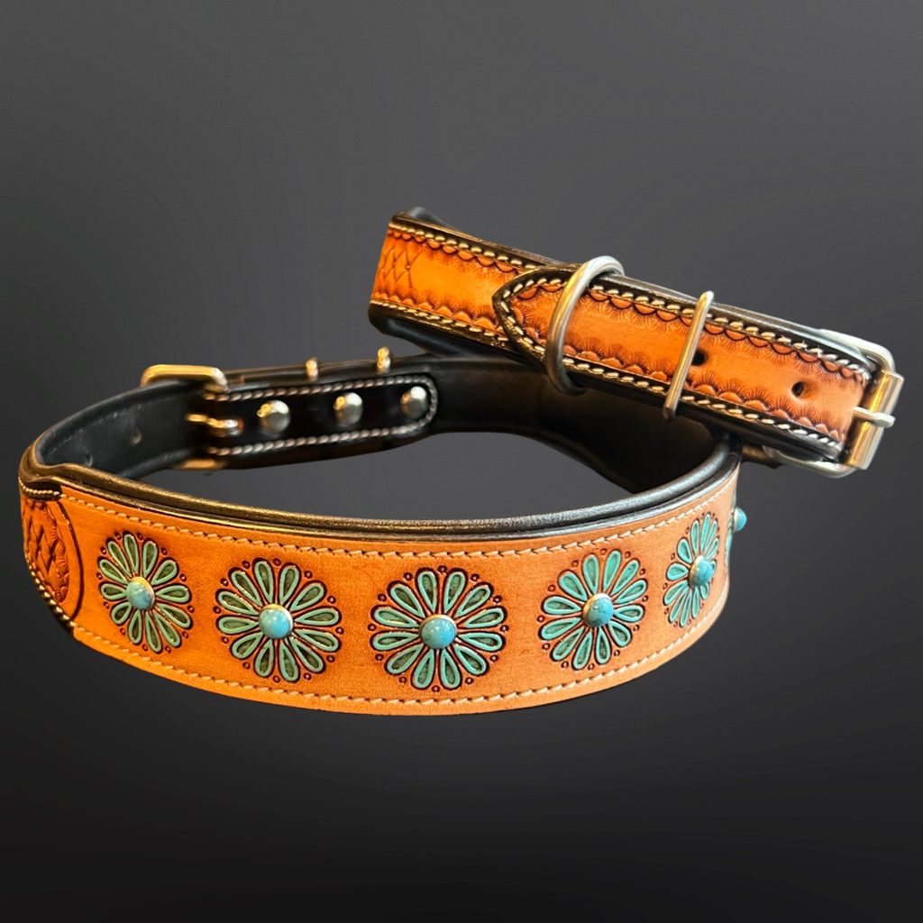 Western Dog Collar - Beaded Blue Flower