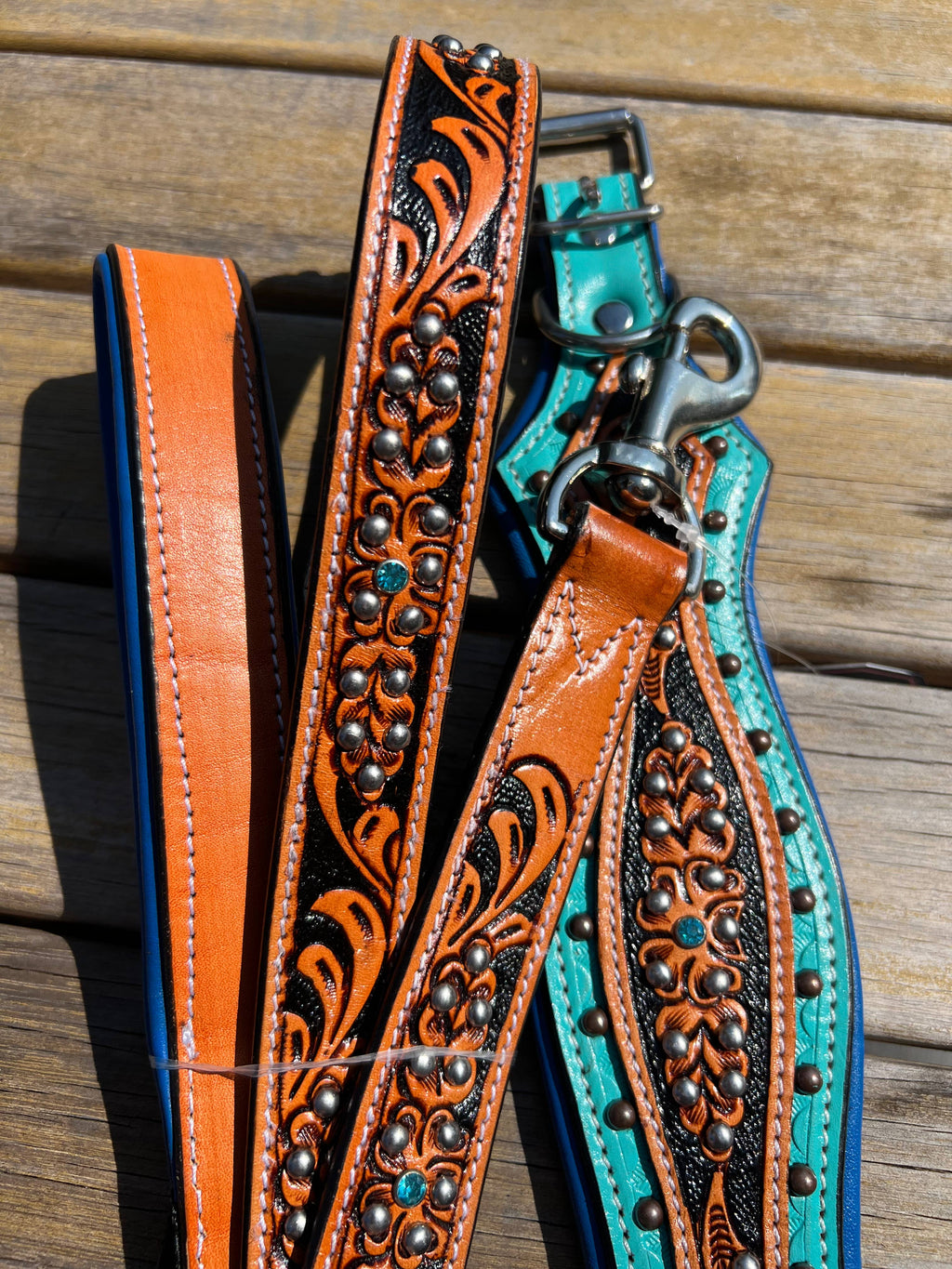 Western Tooled Leather Fancy Dog Leash Blue Padded Handle