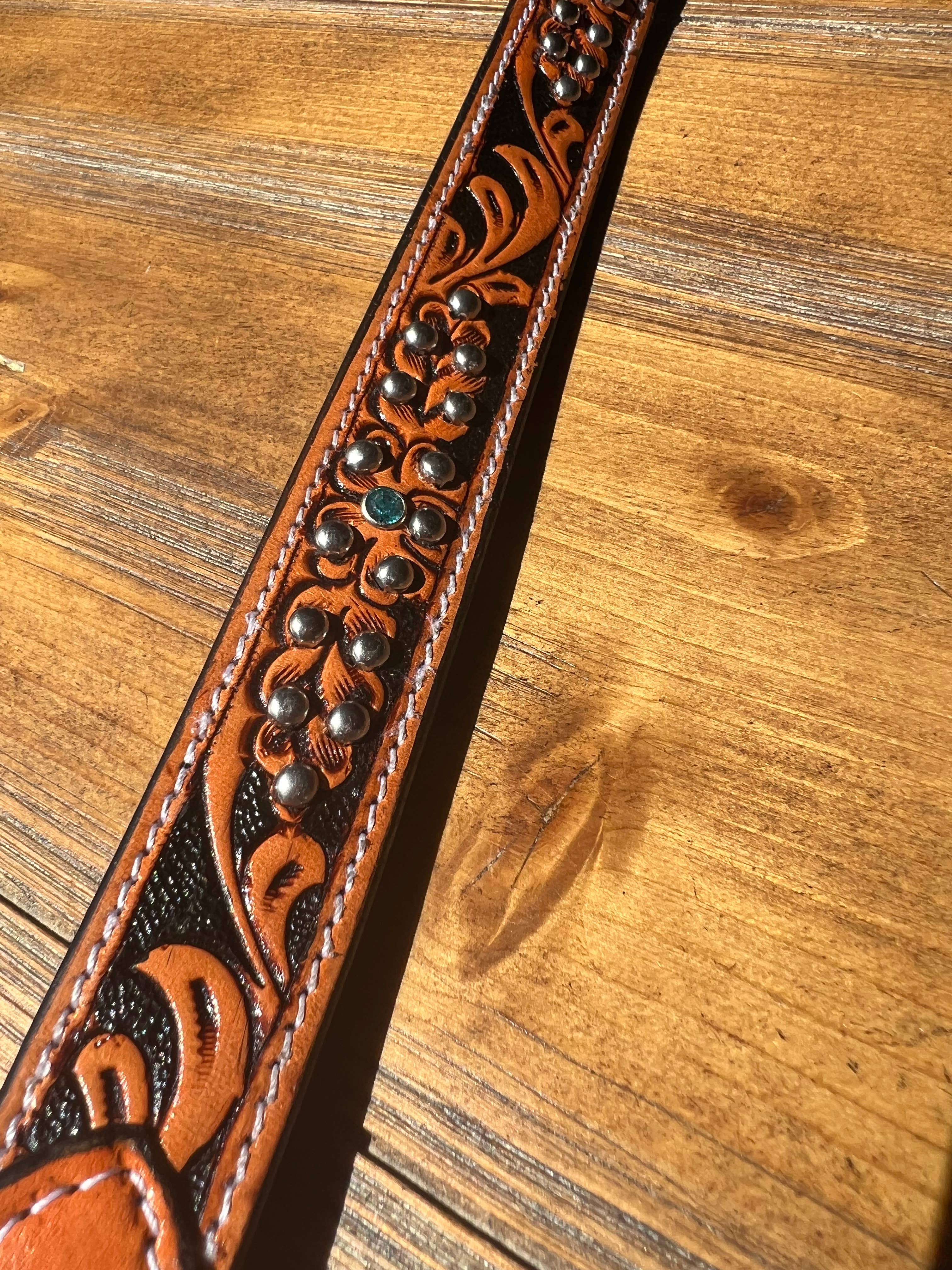 Western Tooled Leather Fancy Dog Leash Blue Padded Handle