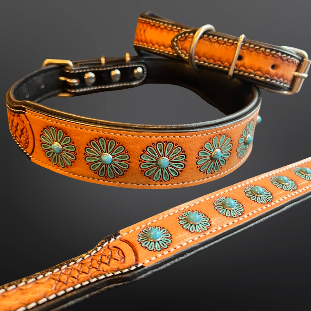 Western Dog Collar - Beaded Blue Flower