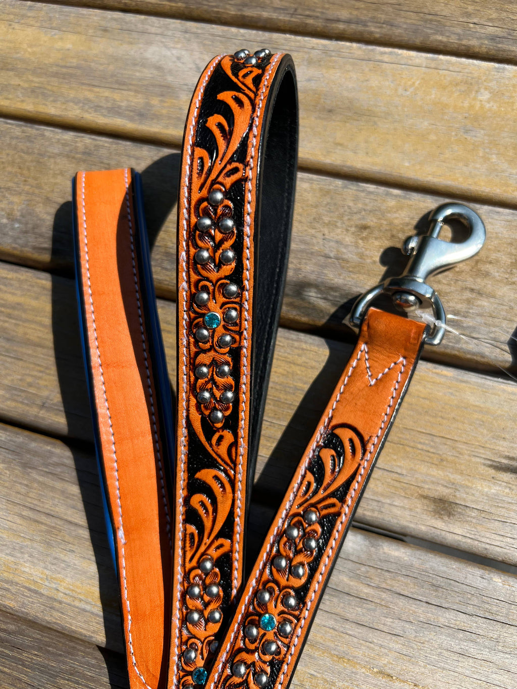 Western Tooled Leather Fancy Dog Leash Blue Padded Handle