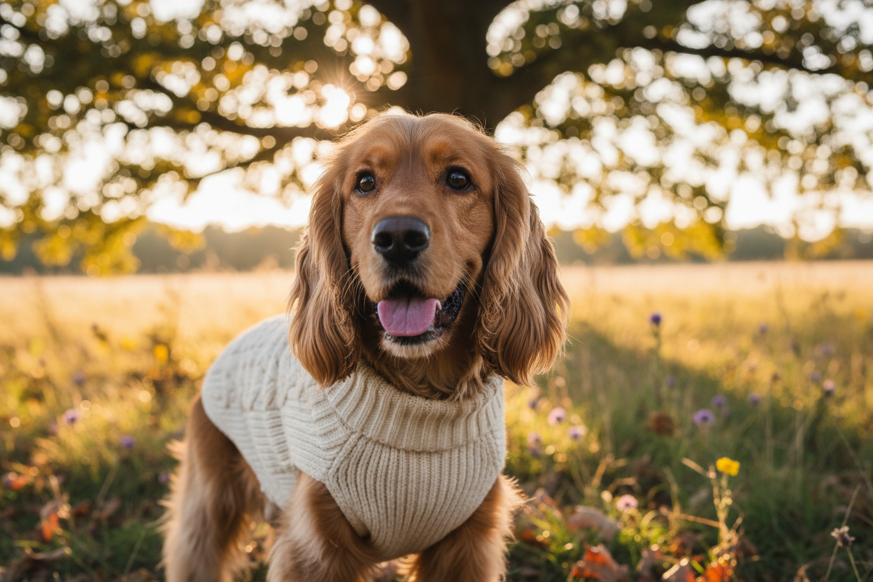 cockerspaniel wearing a sweater