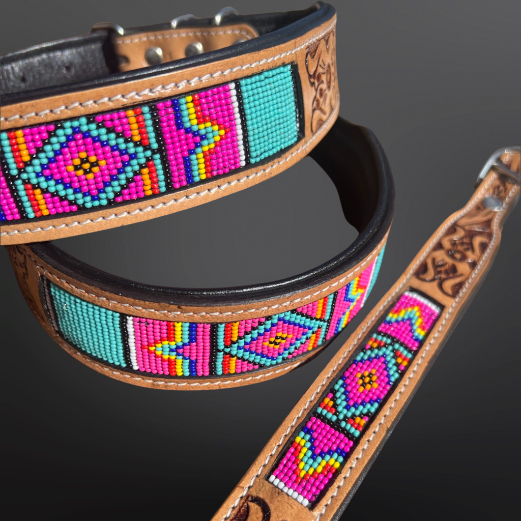 Western Tooled Leather Dog Collar Pink Turquoise Beaded
