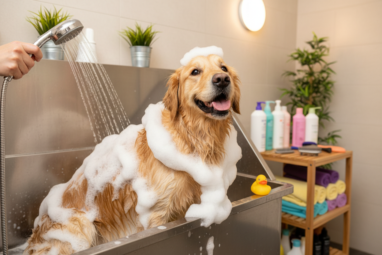Dog in grooming wash tub