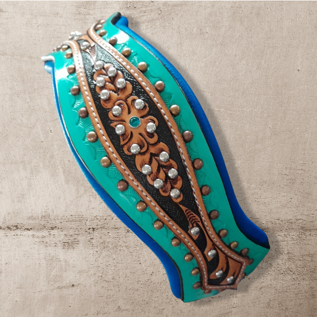 Turquoise Scalloped Western Tooled Leather Dog Collar