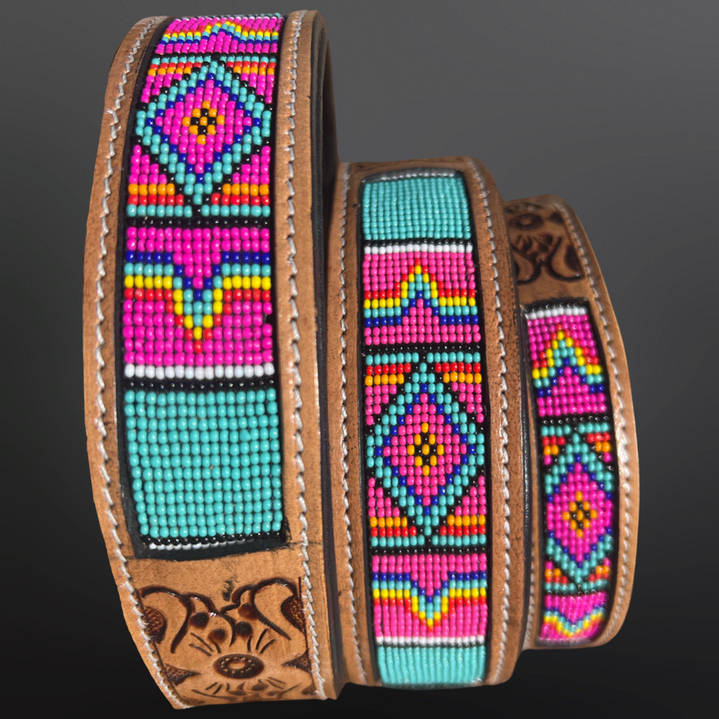 Western Tooled Leather Dog Collar Pink Turquoise Beaded